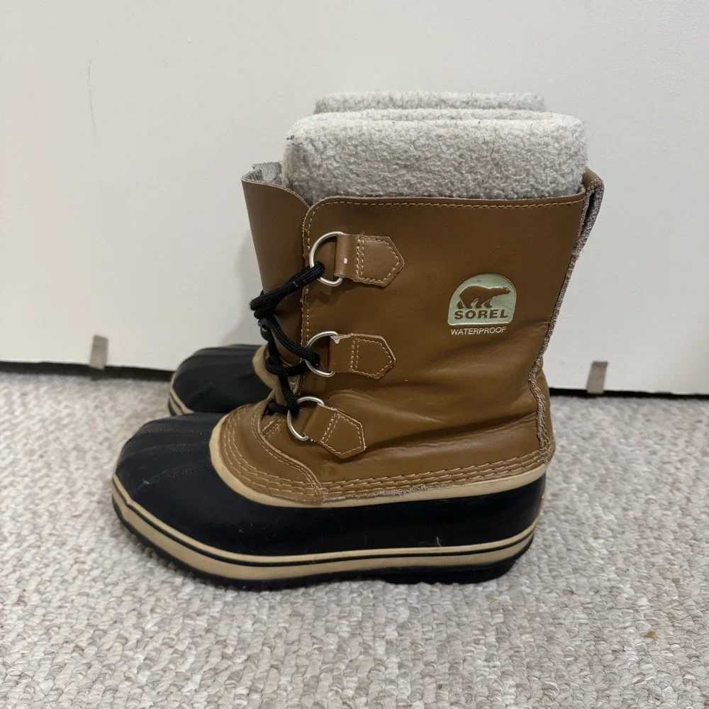 Sorel Caribou Brown Black Leather Lace Up Mid Calf Snow Boots Women's Size US 5